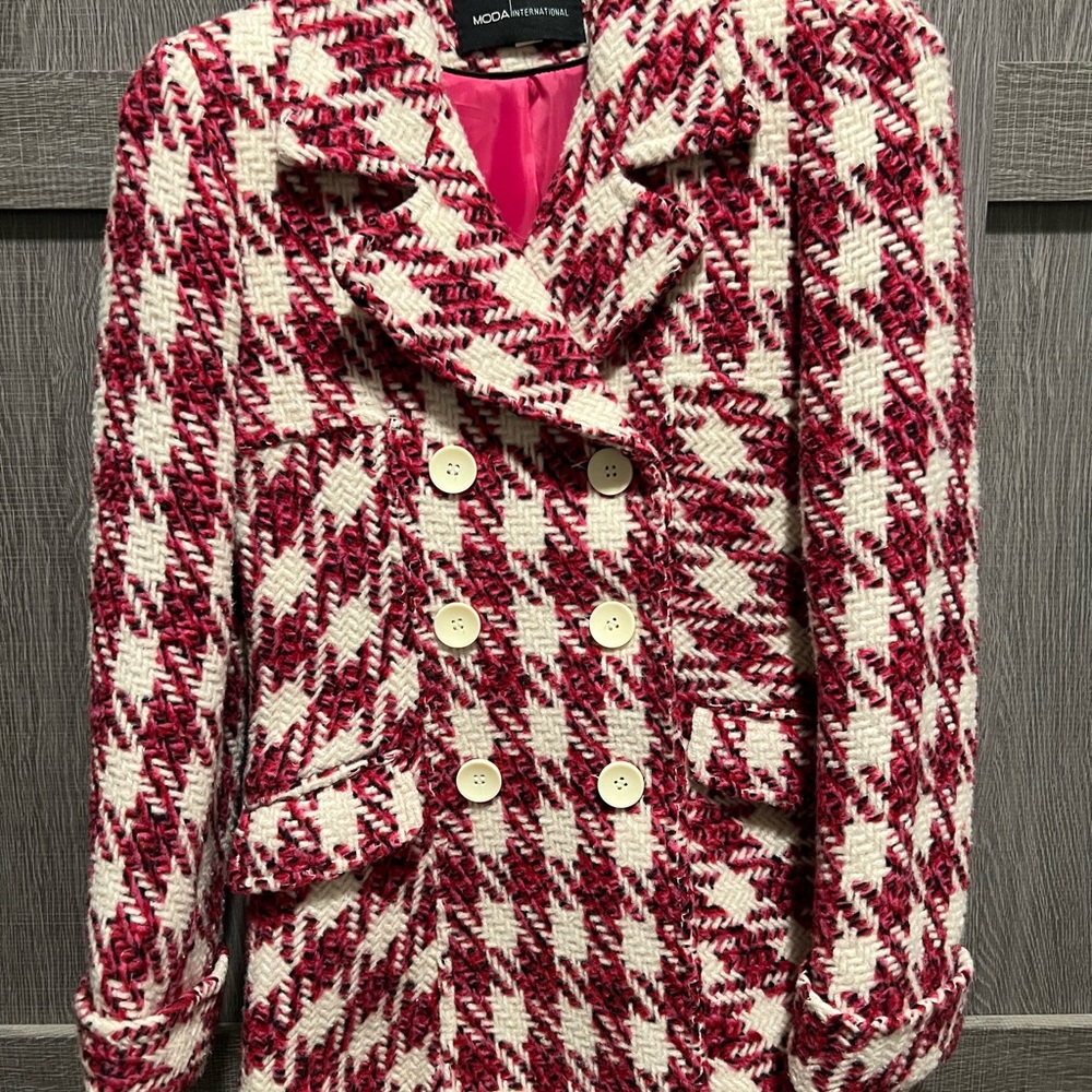 Moda International Pink and White Double Breast Pea Coat